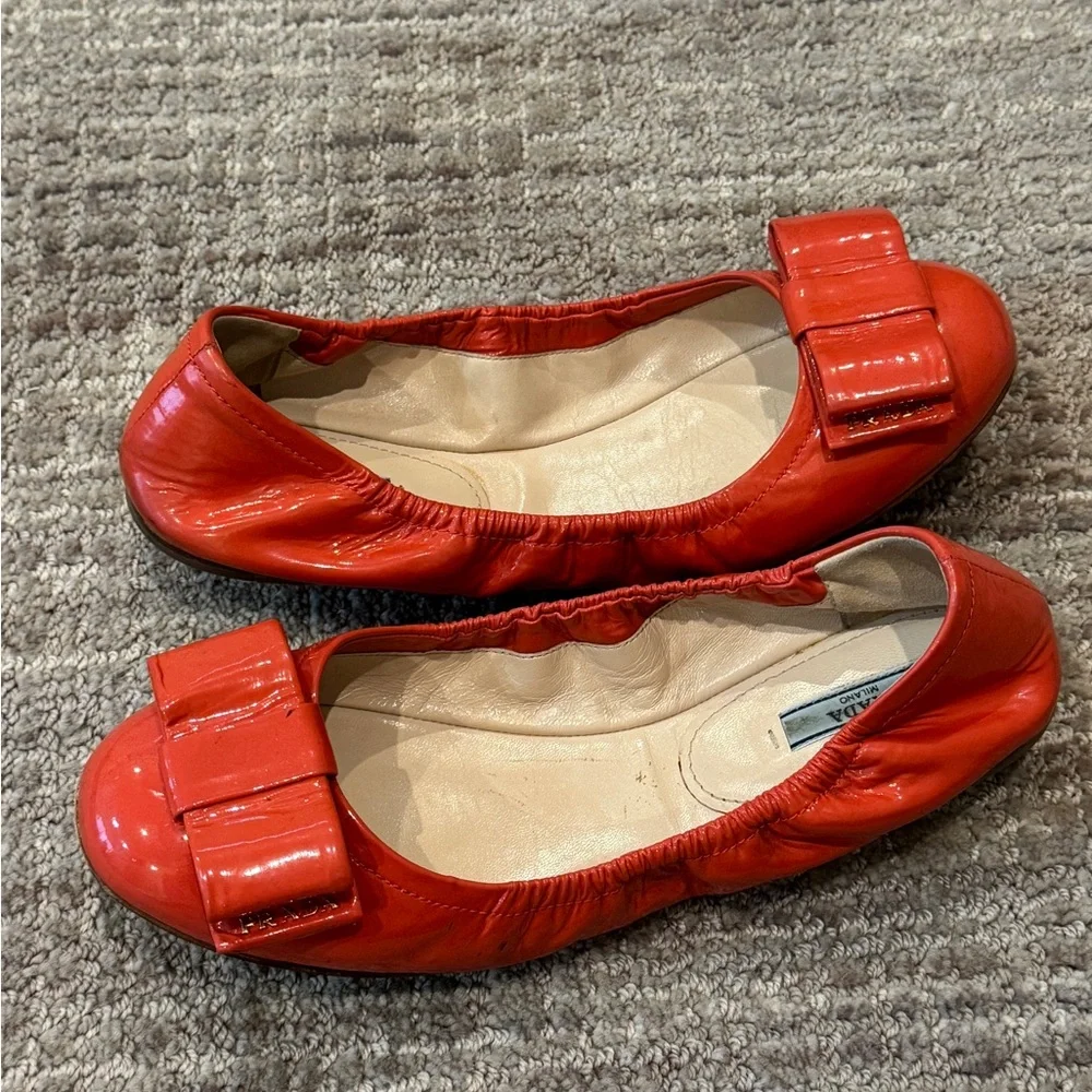 Prada Women's Patent Leather Orange Ballet Flats - Picture 7 of 8